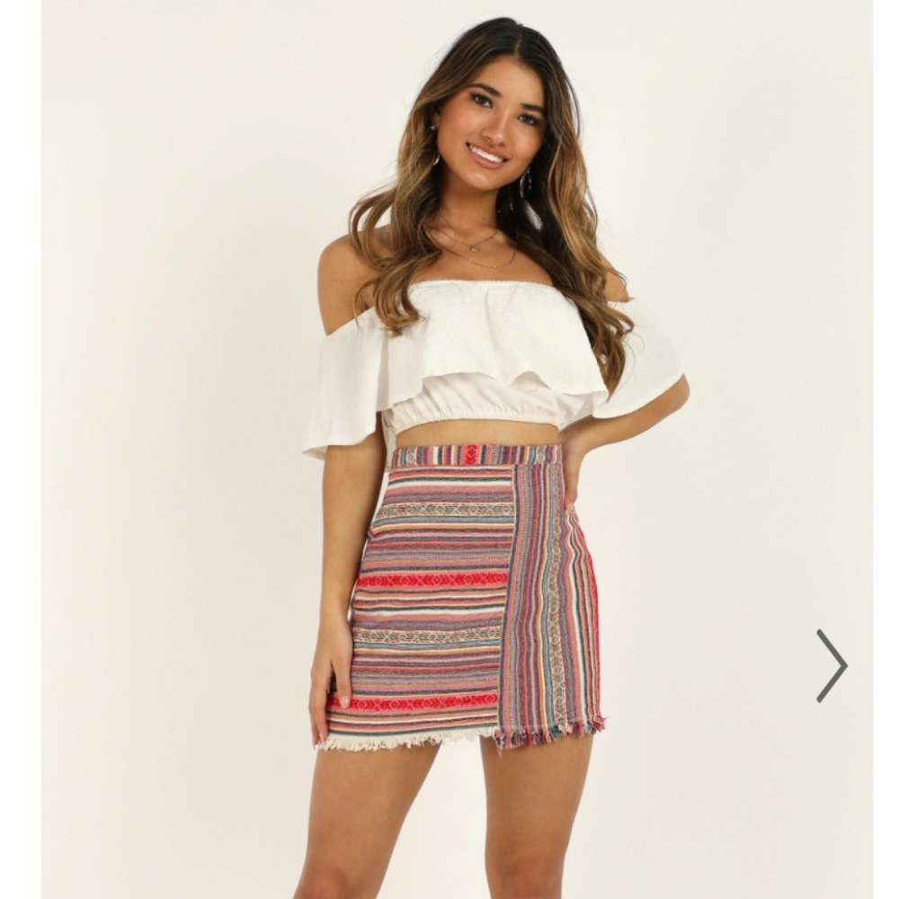 Showpo Mini Skirt Printed Fringe Textured Crochet Cotton Blend Boho Pink US 2.